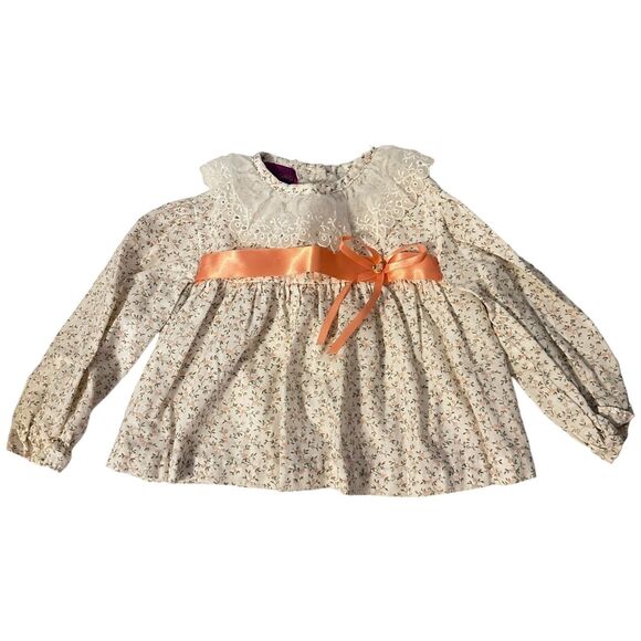 Handstands Pink White Floral Long Sleeve Blouse Girls 12 Mos. Ribbon Vintage - Picture 1 of 7